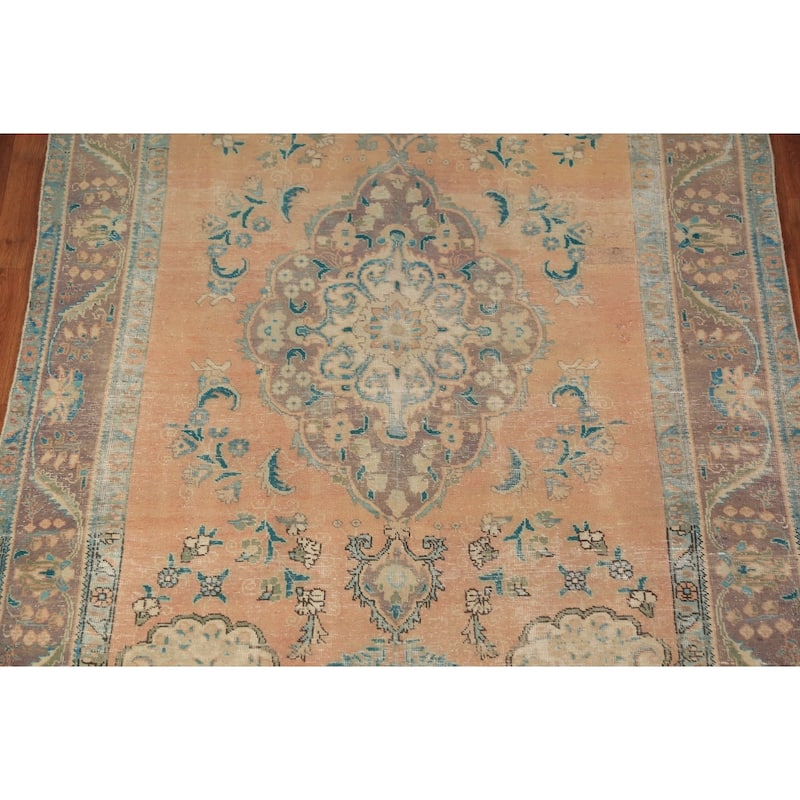 Handmade Orange Tabriz Persian Vintage Wool Carpet - 6'4" x 9'9"