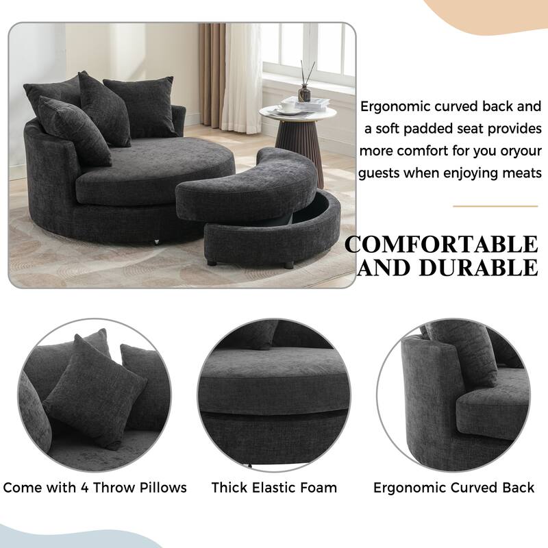 360° Swivel Accent Barrel Chair with Storage Ottoman & 4 Pillows, Modern Chenille Leisure Chair Round Accent