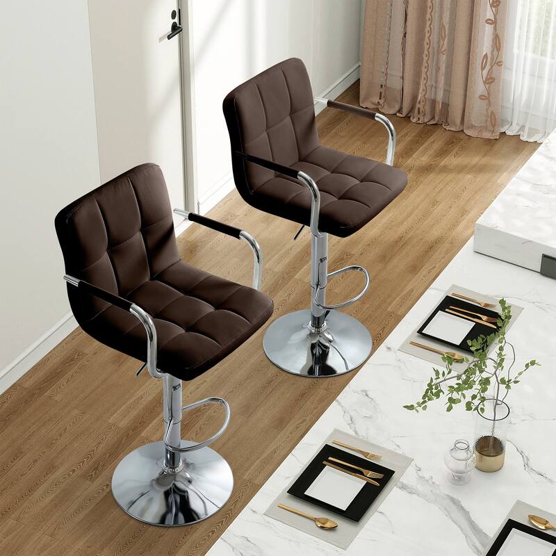 Adjustable Height Bar Stools Set of 2, Modern Square Tufted Upholstered Bar Chairs with Footrest.