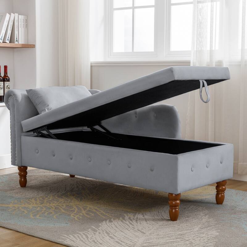 Chaise Lounge Indoor,Lounge Chair with Storage & Pillow,Upholstered Rolled Arm Chase Lounge for Sleeping with Nailhead Trim