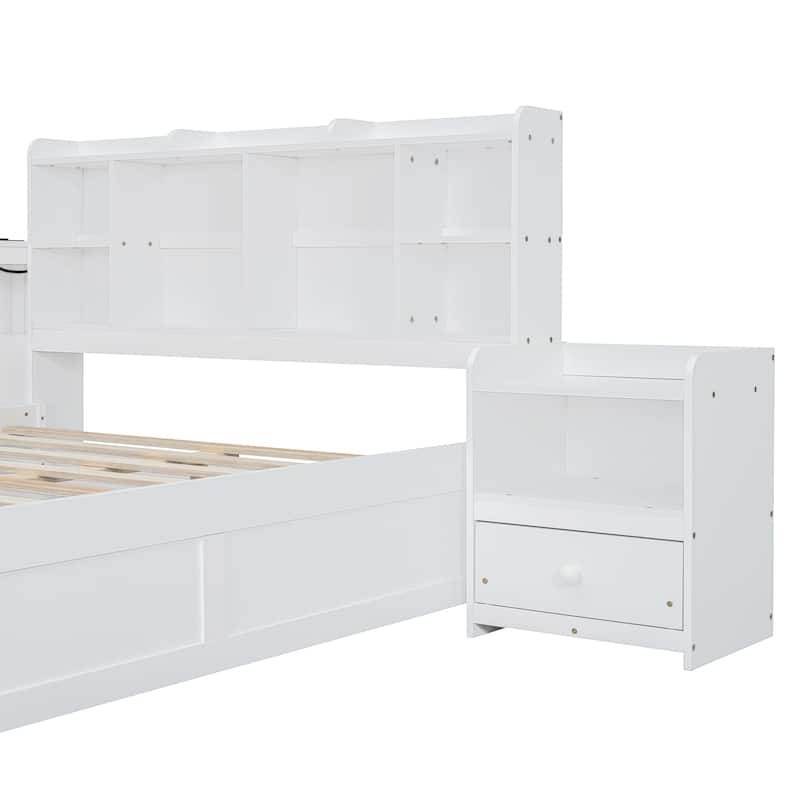 Solid Pine Full Bed Frame, Full Size Wooden Platform Bed with Storage Headboard, 2 Drawers, Nightstand, Desk and USB Ports