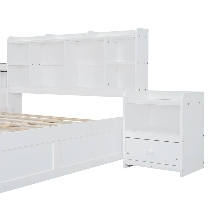 Wooden Platform Bed with Nightstand, USB Ports and Desk, Full Storage Bed Frame with Storage Bookcase Headboard & 2 Drawers