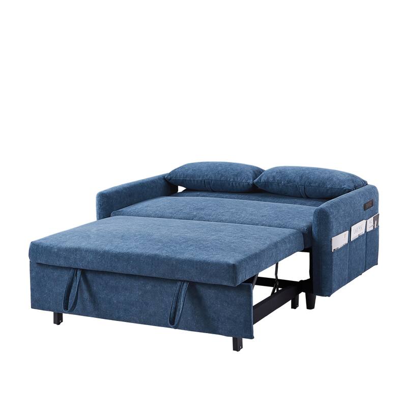 3-in-1 Pull Out Sofa Bed, Couch Bed with Adjsutable Back and Storage Pockets, 2 Seater Sofa with 2 Soft Pillows and USB Ports