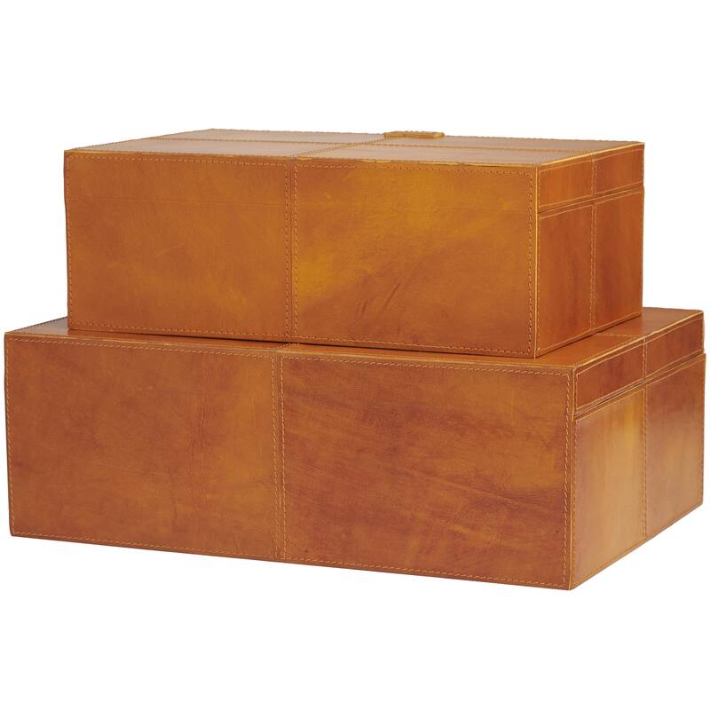 Leather Handmade Decorative Box with Hinged Lid - Set of 2 Gray, Brown, Dark Brown, Gold, Silver - Roche River Decor
