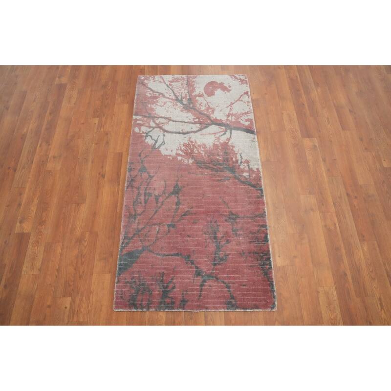 Hand Knotted Oriental Viscose Silk Carpet Modern All-Over Oranges & Rust Abstract Runner Rug - 4' 7'' X 2' 4''