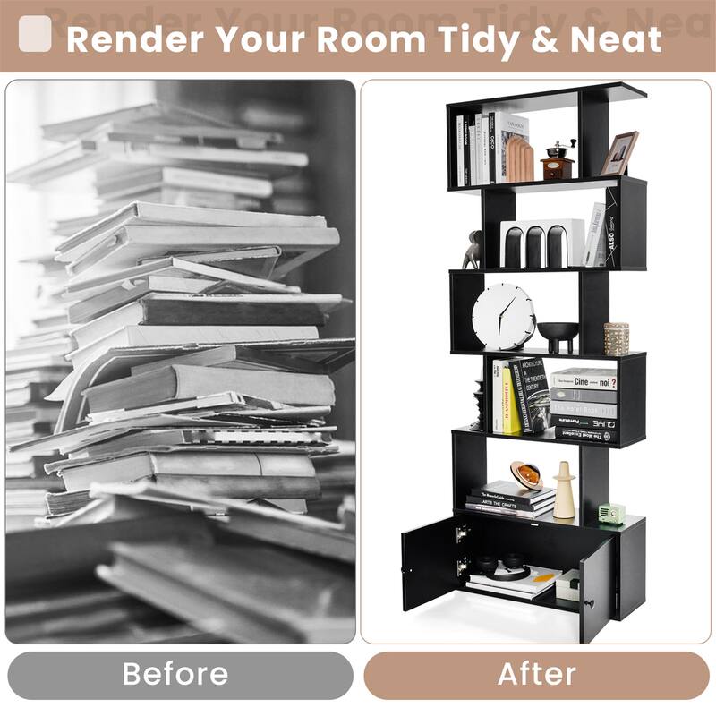 Gymax 2PCS 6-Tier Shaped Bookshelf w/ Cabinet 6-Tier Tall Bookcase w/
