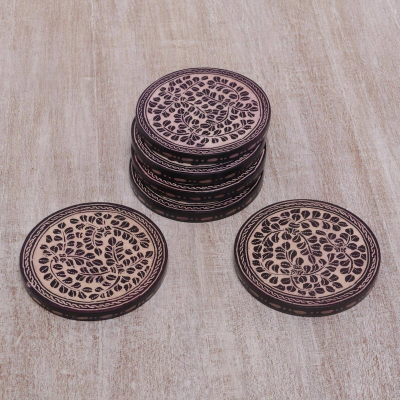 NOVICA Artisan Handblown Wood Batik Coasters Indonesian Cream Black Ivory Tableware Barware 'Paddy Harvest'(Set Of 6)