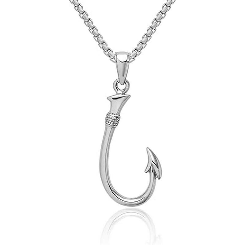 Curata 14k Yellow or White Gold 18" Textured Polished 3-D Fishing Hook Necklace - 32.7x13.3mm - White