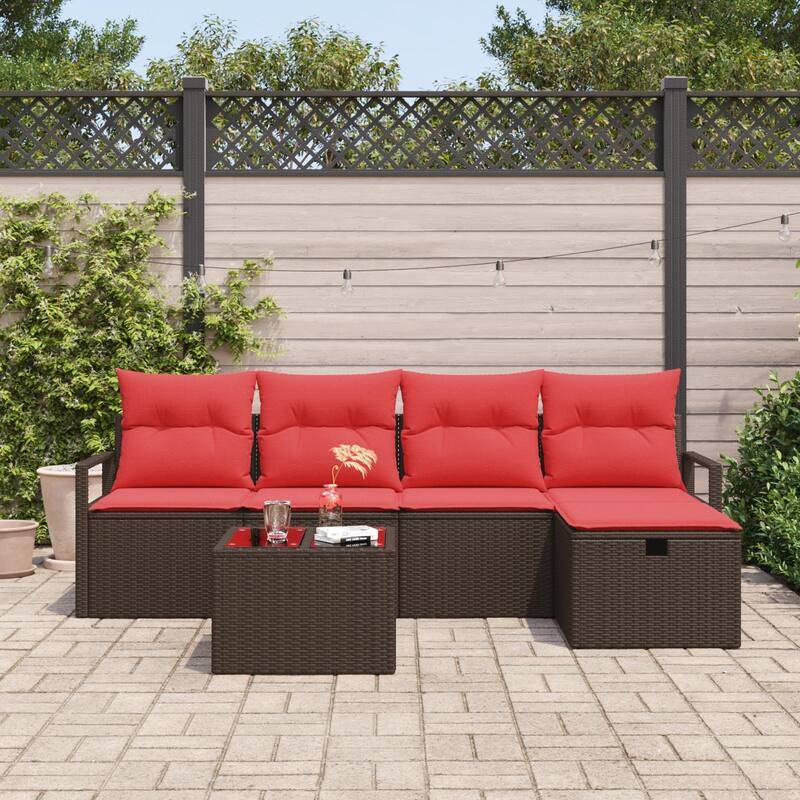 vidaXL 5/6 Garden Sofa Set with Cushions Black/Brown/Grey Poly Rattan - 90.6 x 46.1 x 27.2