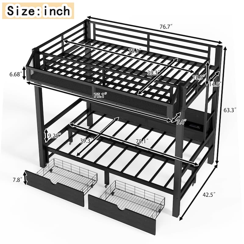 Twin over Twin Bunk Bed with Storage Shelves and Drawers, Multifunctional Metal Bunk Beds with USB Ports and LED Lights