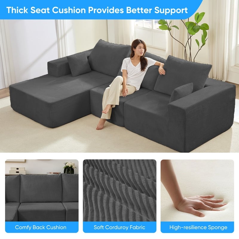 Mixoy W108"Corduroy Fabric Sectional Couch,3-Pieces Free-Combined Cloud Modular Modern L-Shaped Sofa with Chaise Lounge