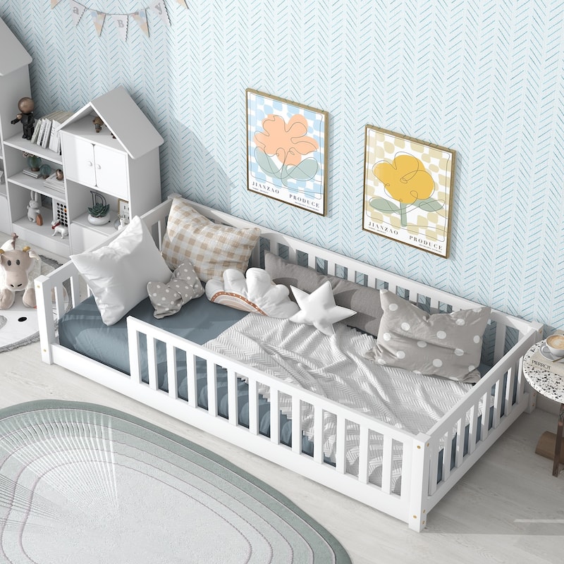 Twin Size Floor Bed with Fence and Safety Guardrails, without Door