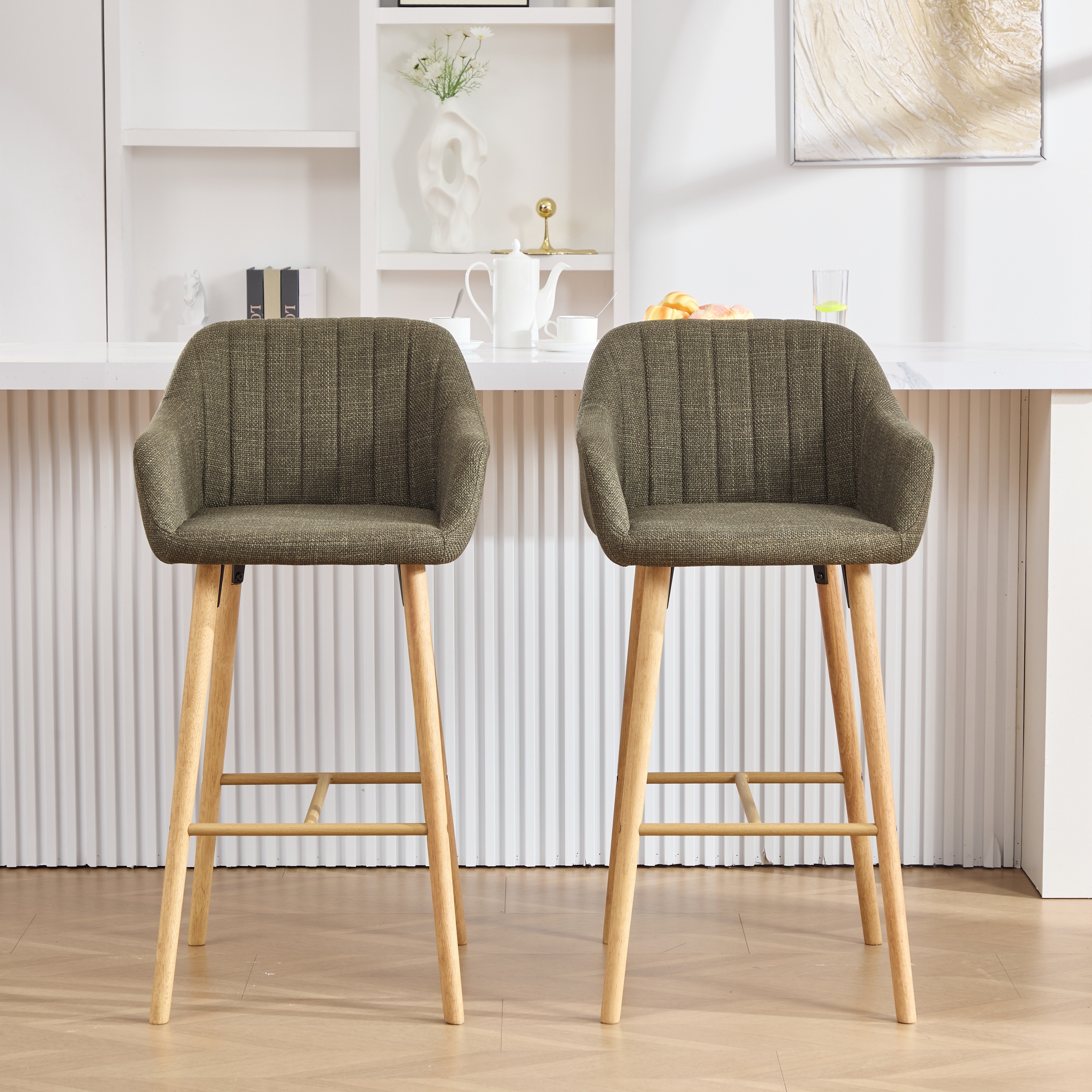 Modern Bar Stools Set of 2, Kitchen Island Tall Chairs with Back, Arm, Footrest and Solid Wood Leg, Upholstered Bar Stools
