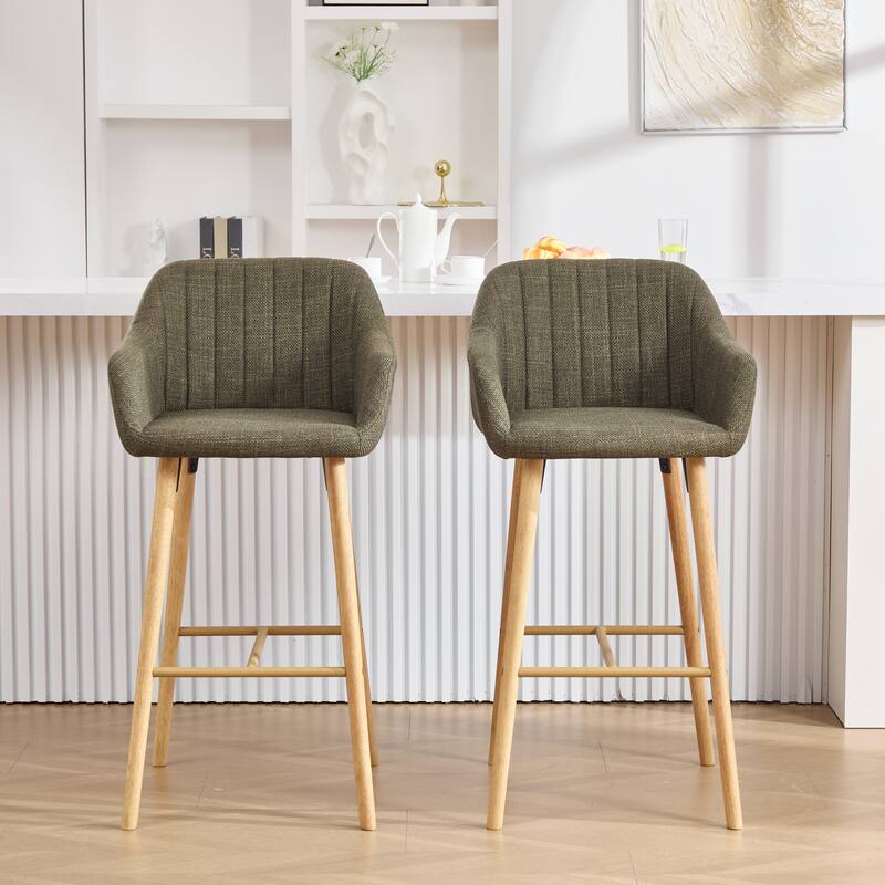 Modern Bar Stools Set of 2, Kitchen Island Tall Chairs with Back, Arm, Footrest and Solid Wood Leg, Upholstered Bar Stools