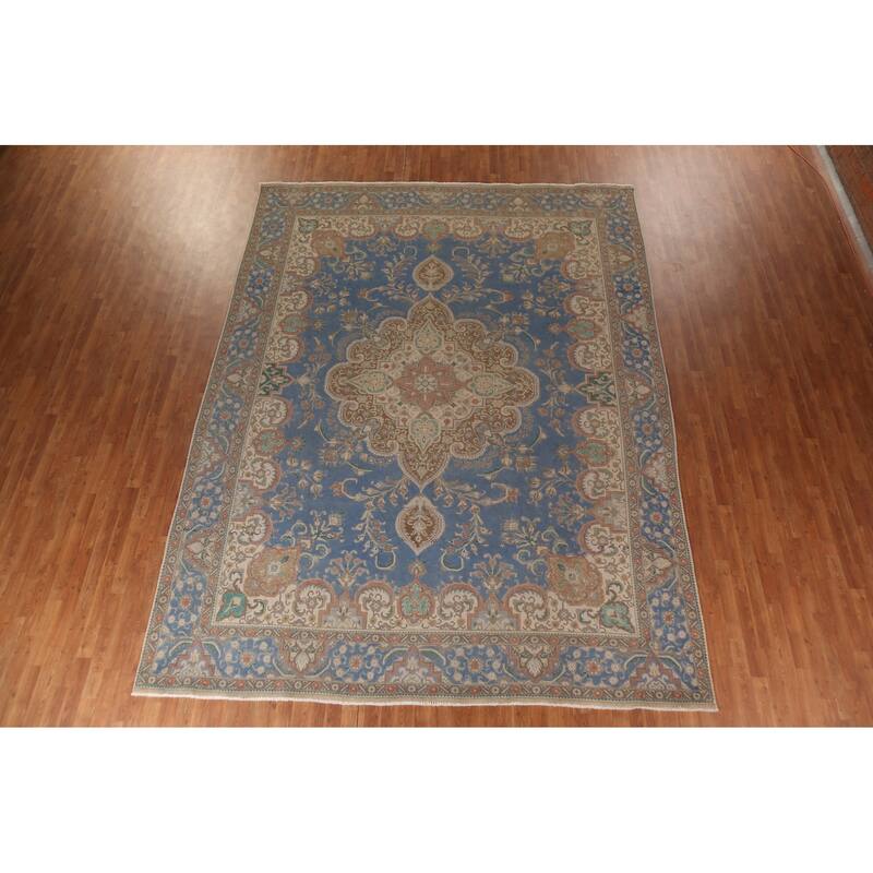 Blue Tabriz Persian Vintage Rug Hand-Knotted Traditional Wool Carpet - 10'0"x 13'2"