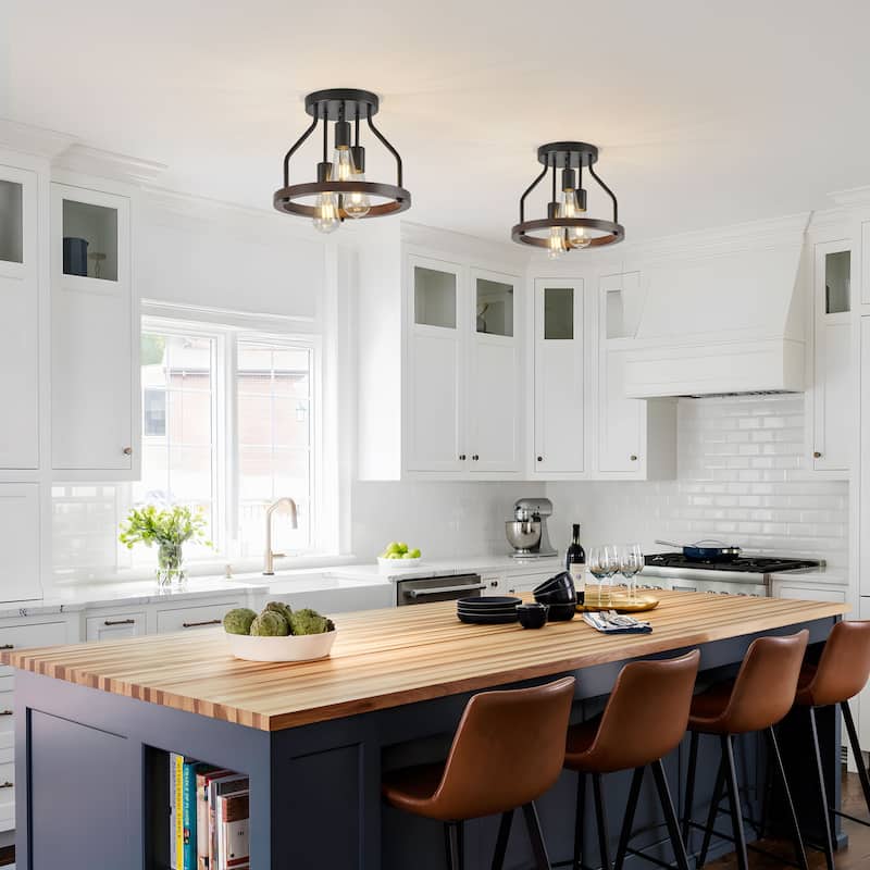 Starsky 3-Light Farmhouse Round Wood Flush Mount Ceiling Light, Industrial Caged Beech Wood Fixture with Black Metal Canopy