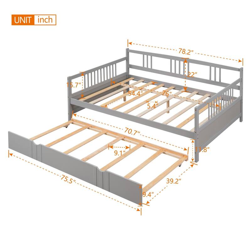 Pine Wood Daybed Frame with Twin Size Trundle, Headboard and Footboard