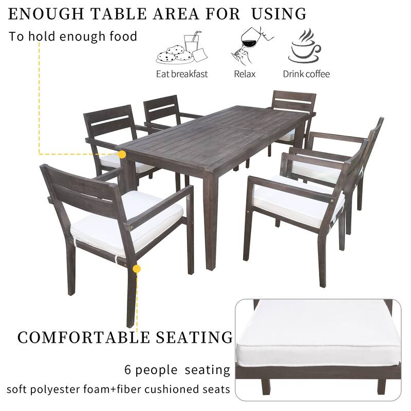 7 Piece Acacia Wood Outdoor Dining Table Set, All-Weather Patio Conversation Set with 6 Removable Cushion Chairs