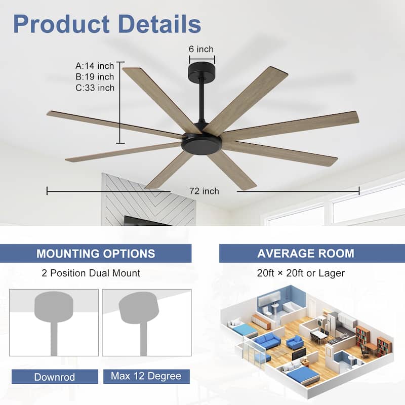 Large Ceiling Fan without Light - 8-Blade, Remote App Control, Dimmable 3CCT LED, Quiet DC Motor​