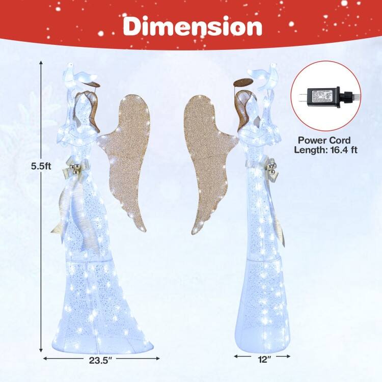 White-Gold Metal Tinsel 3D Lighted Halo Angel Christmas Decoration with 150 LED Lights - 23.5" x 12" x 5.5 ft
