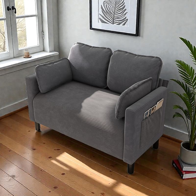 48" Corduroy Loveseat Sofa with Side Storage Pocket, 2-Seater Couch, Solid Wood Frame for Apartment - Grey