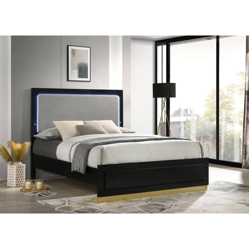 Sophia Panel Bed with Lighted Headboard - Black/Light Grey/Gold - California King