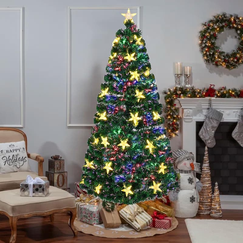 Anmytek 7FT Pre-lit Fiber Optic Christmas Tree - Full Spruce Tree with Large Stars & Metal Stand