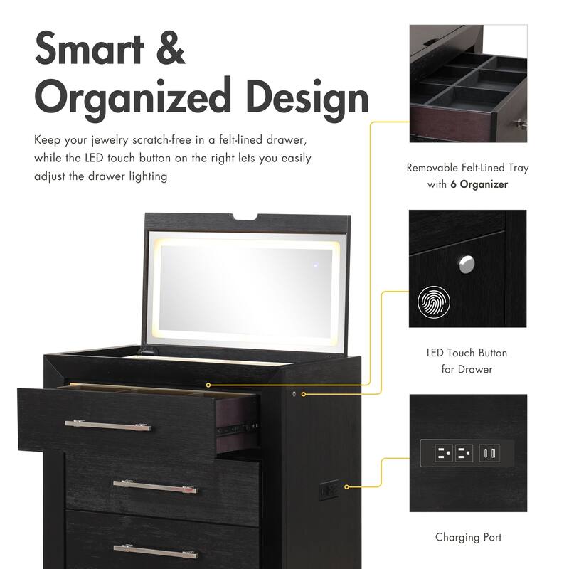 Furniture of America Alaric Modern Wood Black Vanity Set with Storage Stool