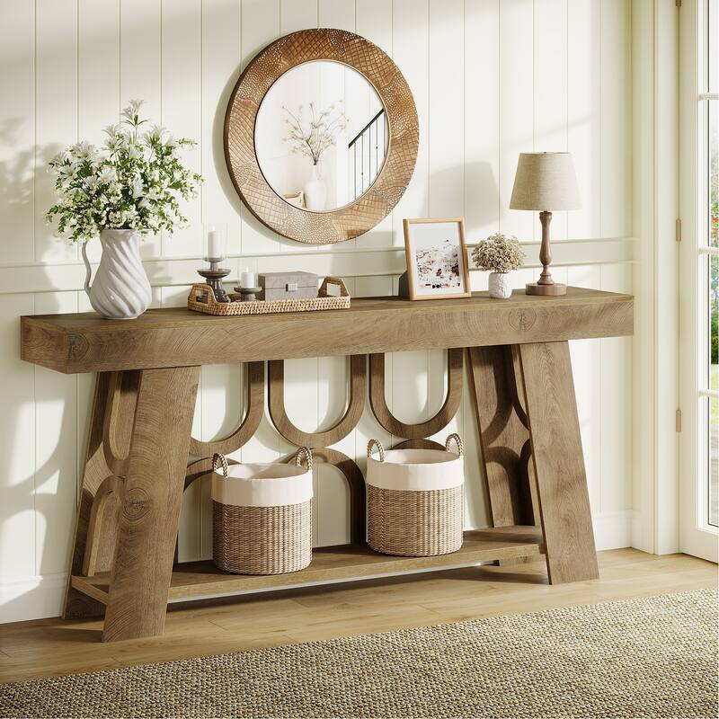63" Console Table with Arched Legs, 2-Tier Farmhouse Entryway Table