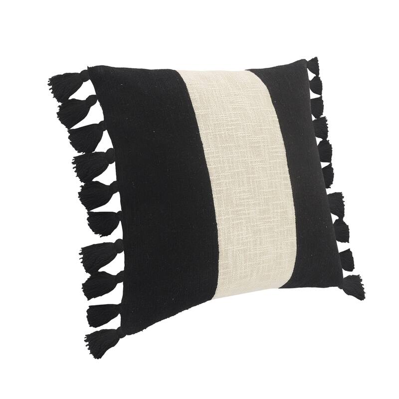 Sevita Tri-Stripe Black and Ivory Fringe Pillow