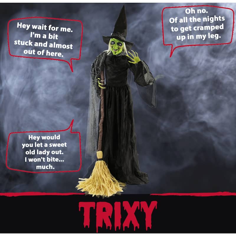 Haunted Hill Farm Life-Size Animatronic Witch | Indoor/Outdoor Halloween Decoration | Talking | Poseable | Battery-Operated