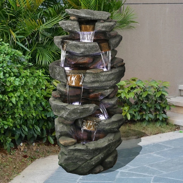 6-Tier Outdoor Water Fountain w/Lights Waterfall Fountain for Patio