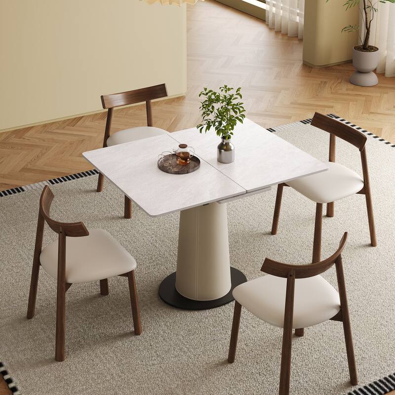 Roomfitters Retractable Rock Slab Dining Table Set, Modern Expandable Square Table with 6 Chairs, White