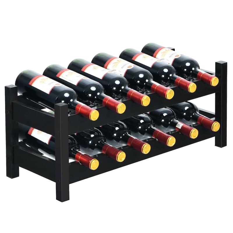 Gymax 2-Tier Bamboo Wine Rack 12 Bottles Display Storage Shelf Holder - Brown