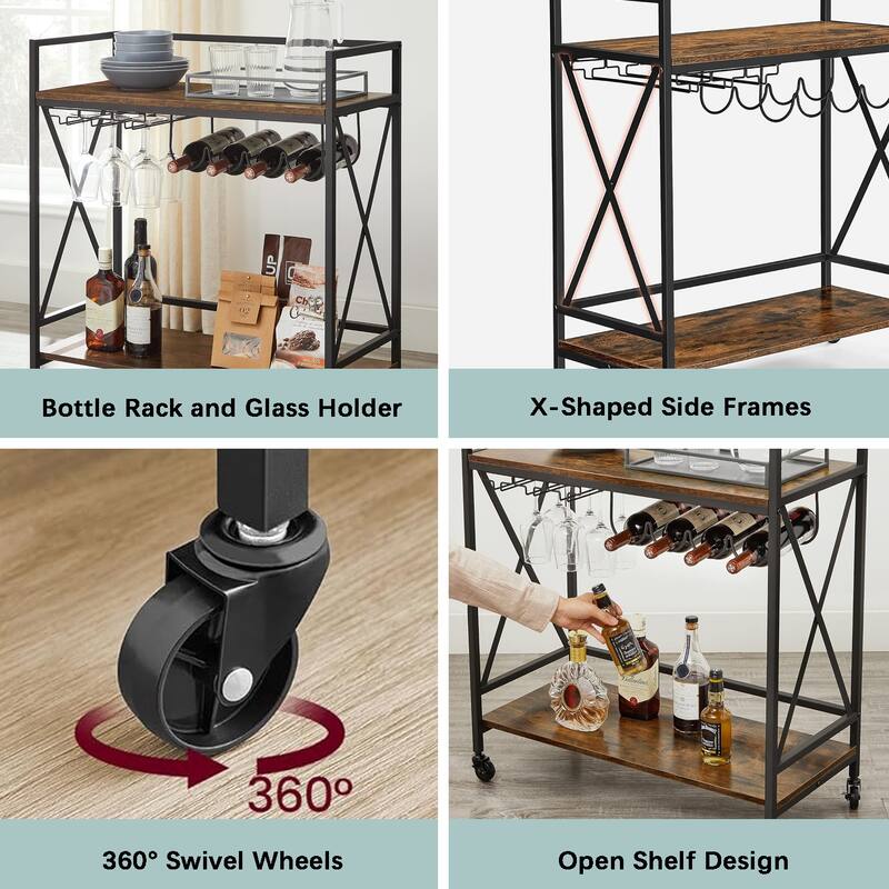 Bar Serving Cart with Glass Stemware Rack and Wine Bottle Holders
