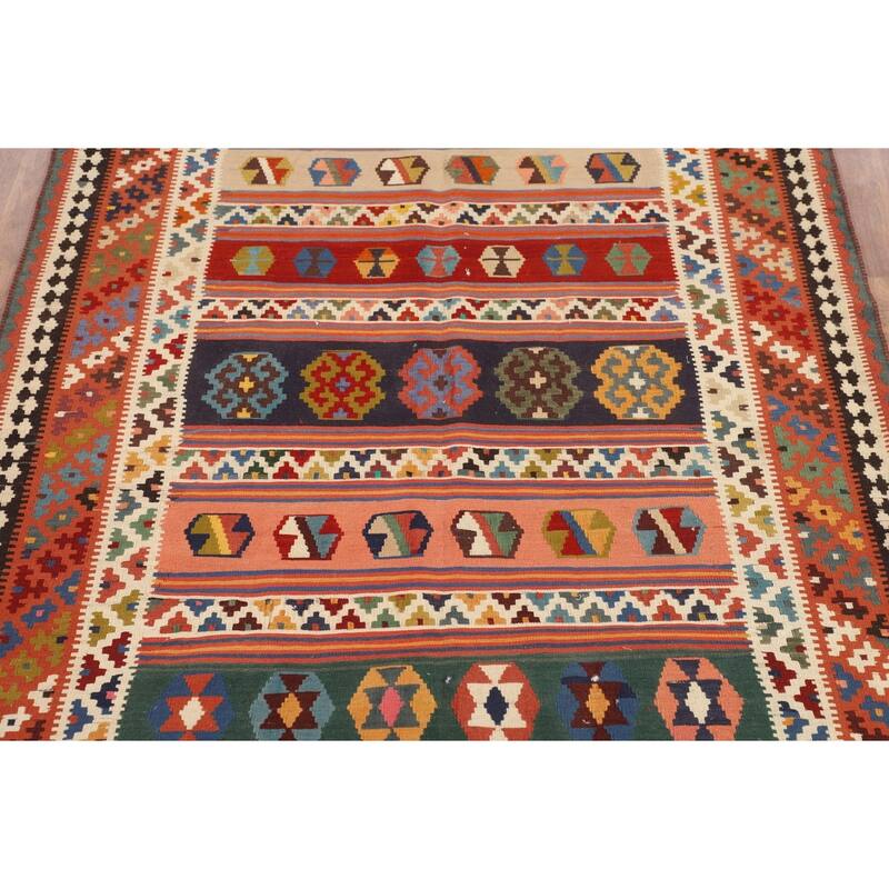 Vegetable Dye Striped Kilim Qashqai Persian Vintage Wool Carpet - 4'11"x 8'0"