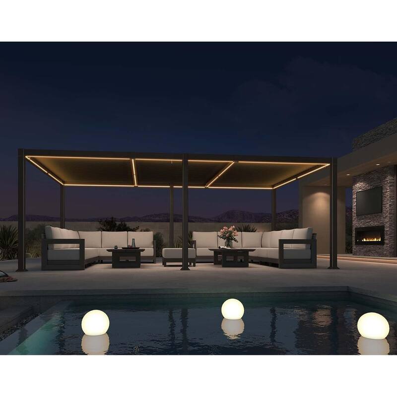 PURPLE LEAF Solar Louvered Pergola with LED String Lights Aluminum Outdoor Pergola with Adjustable Roof for Patio Garden - 11' x 21' - Bronze