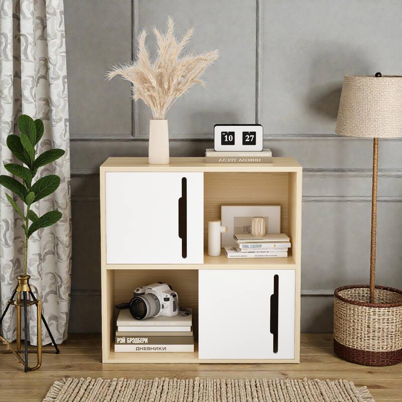 Modern Wooden Storage Cabinet with Sliding Doors, 2-Tier Open & Closed Shelves Organizer in Natural Wood and White - Natural White