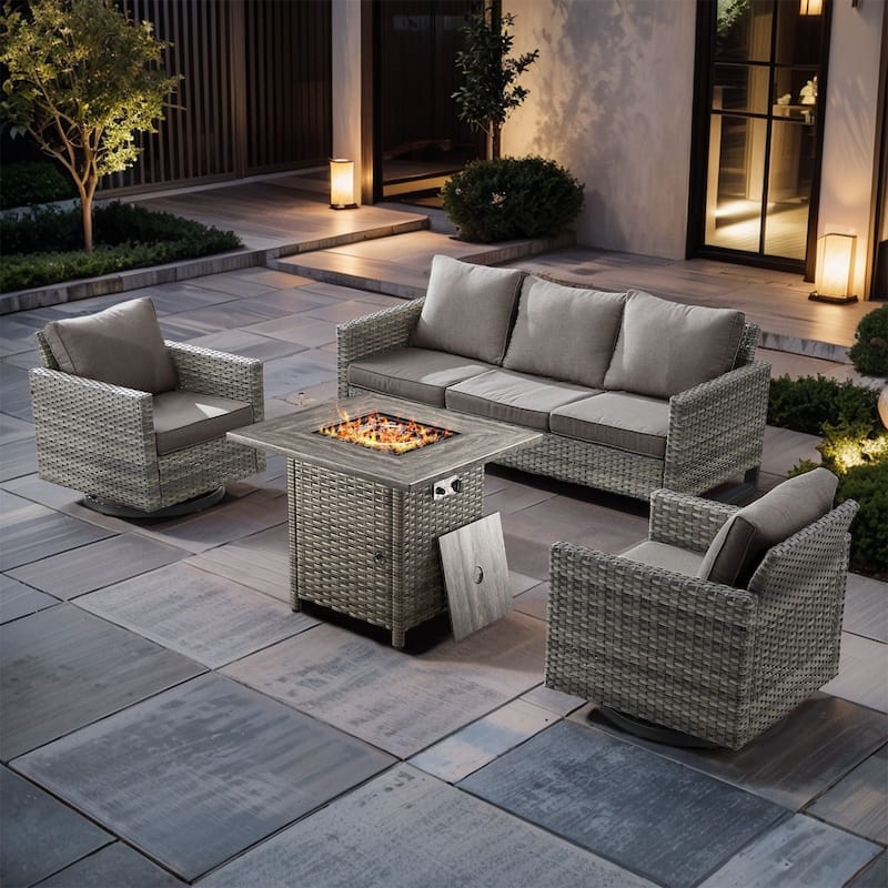 4 Pieces Fire Pit Table with Sofa Swivel Chair Set - Gray Wicker - Gray cushion