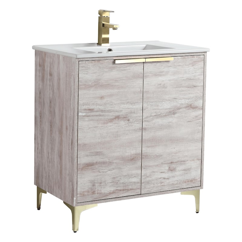 Fine Fixtures Wilmington Bathroom Vanity with White Ceramic Sink. - 30 Inch - Rustic White - Satin Brass Hardware