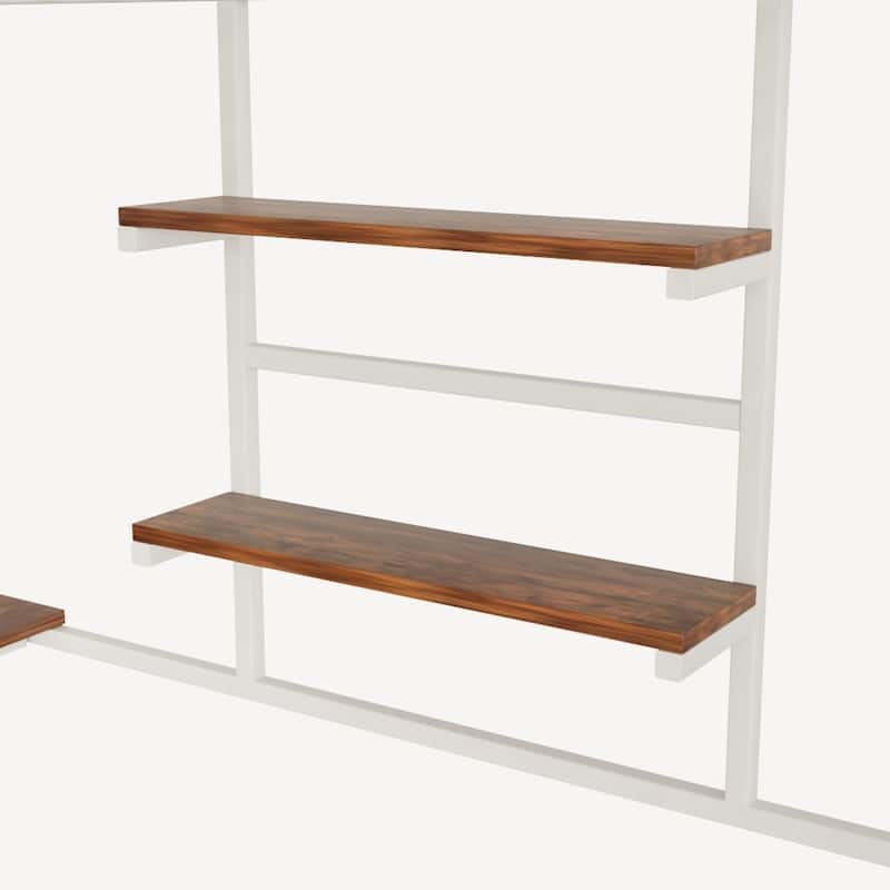 Full size loft metal bed with white for bedroom and dormitory, with built-in charging station and LED lighting