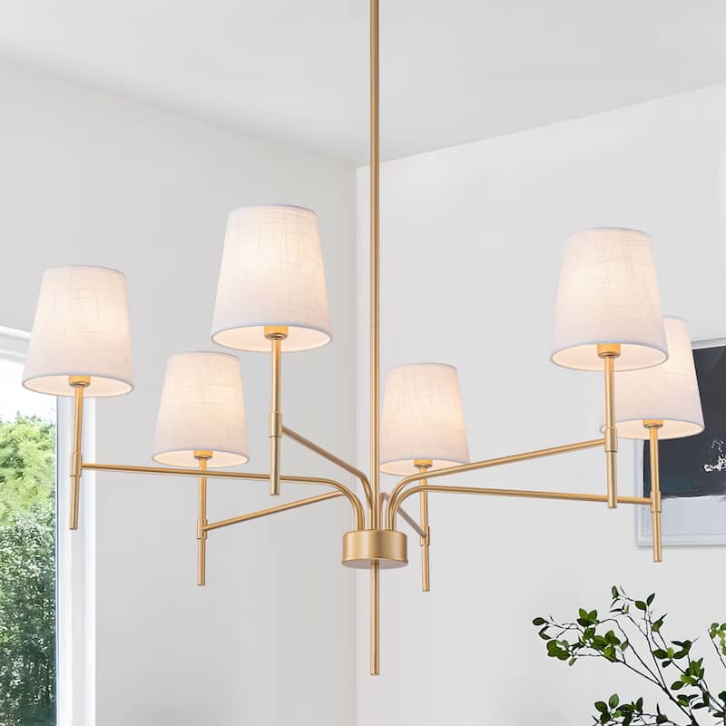 Starsky Transitional & Modern Chandelier with White Fabric Shades - 6-Light - Gold