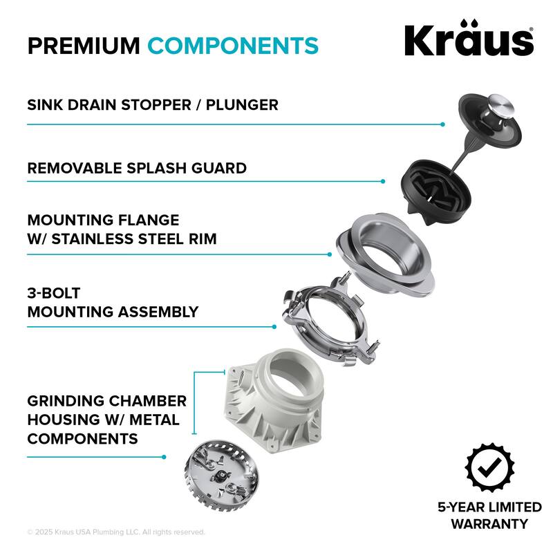 Kraus KWD201-100 WasteGuard 1 HP Continuous Garbage Disposal - Matte Cool Grey
