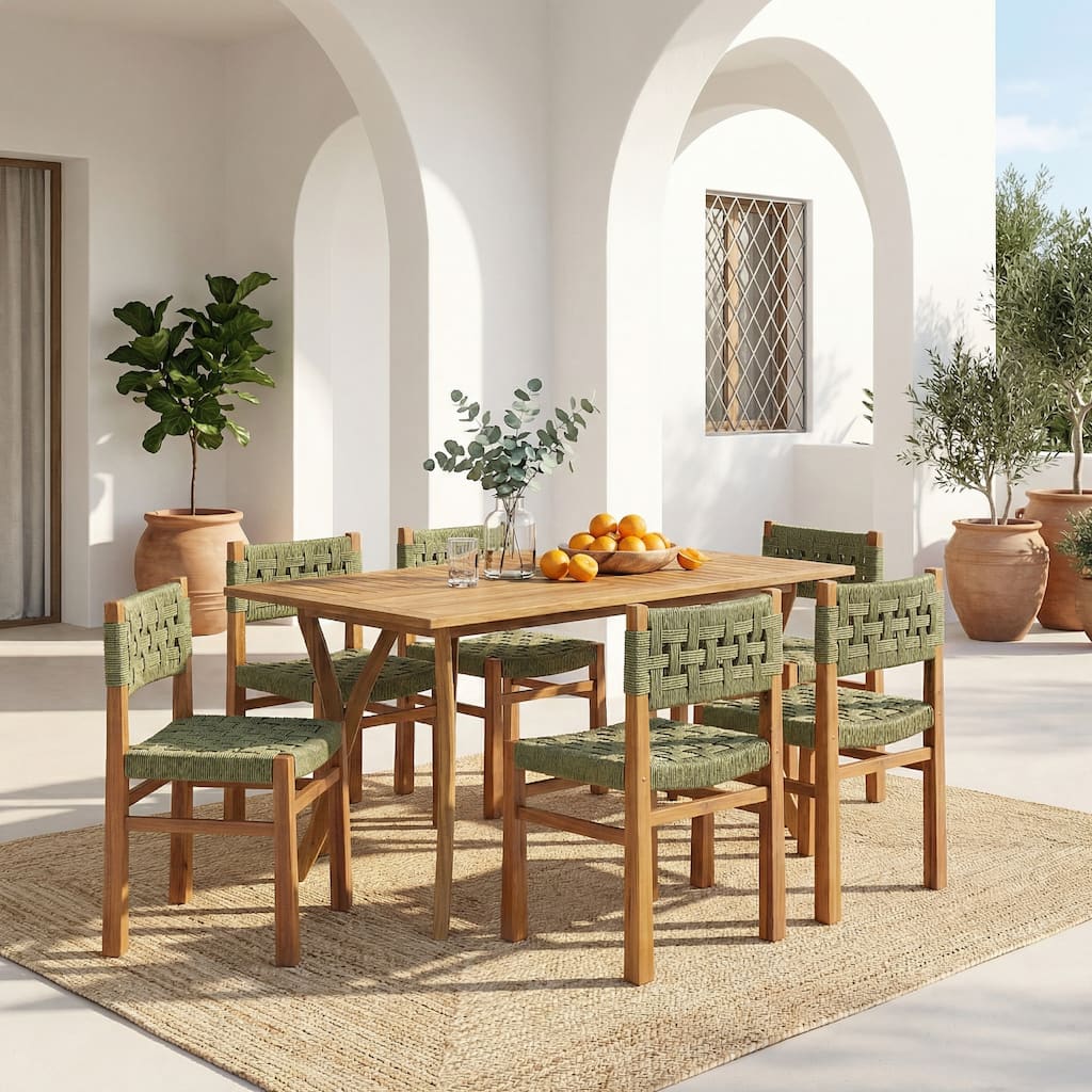 Christopher Knight Home - Millie 7-Piece Outdoor Acacia Wood Dining Set with Woven Wicker Chairs & 59" Rectangular Slat Table