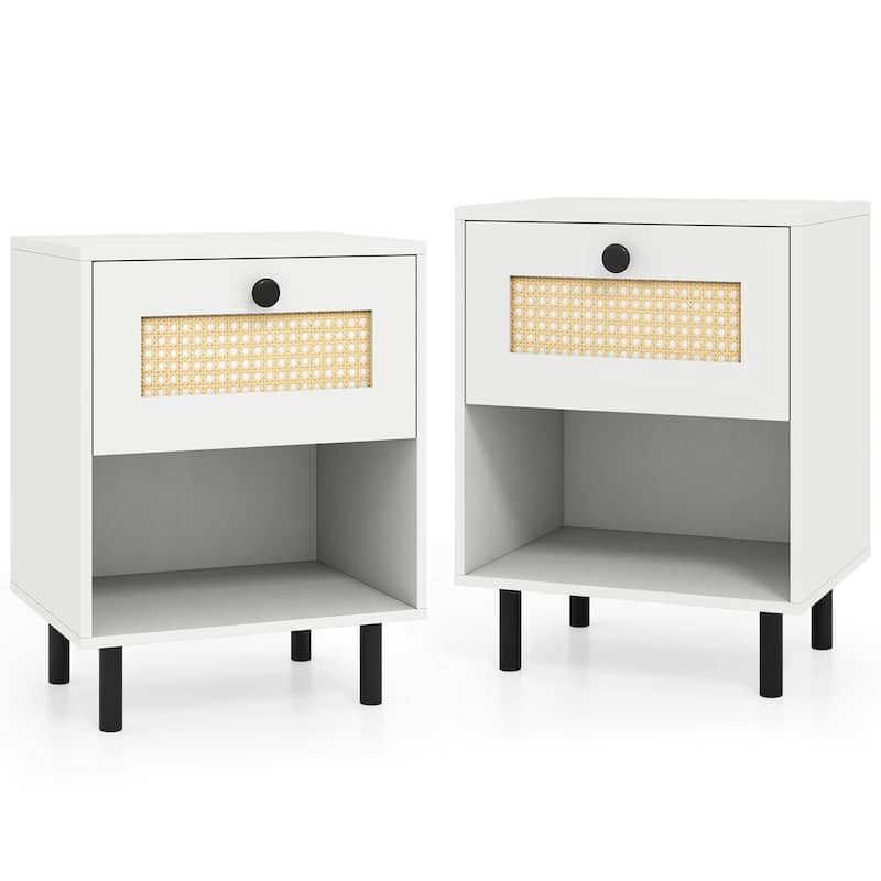 Costway 1/2 PCS Rattan Nightstand Boho End Table with Drawer & Open - See Details