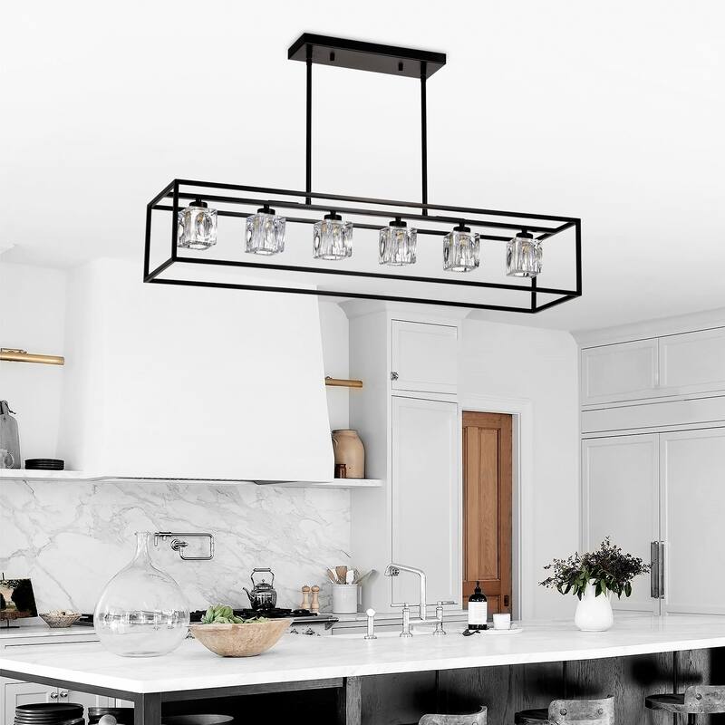 Industrial 6-Light Crystal Farmhouse Chandelier Linear Rectangular Pendant Cage Light, for Dining Room, Kitchen Island, Bar