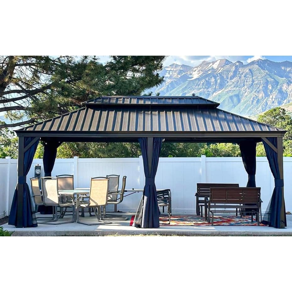 PURPLE LEAF Outdoor Hardtop Gazebo For Patio Bronze Aluminum Frame Pavilion With Navy-Blue Curtain