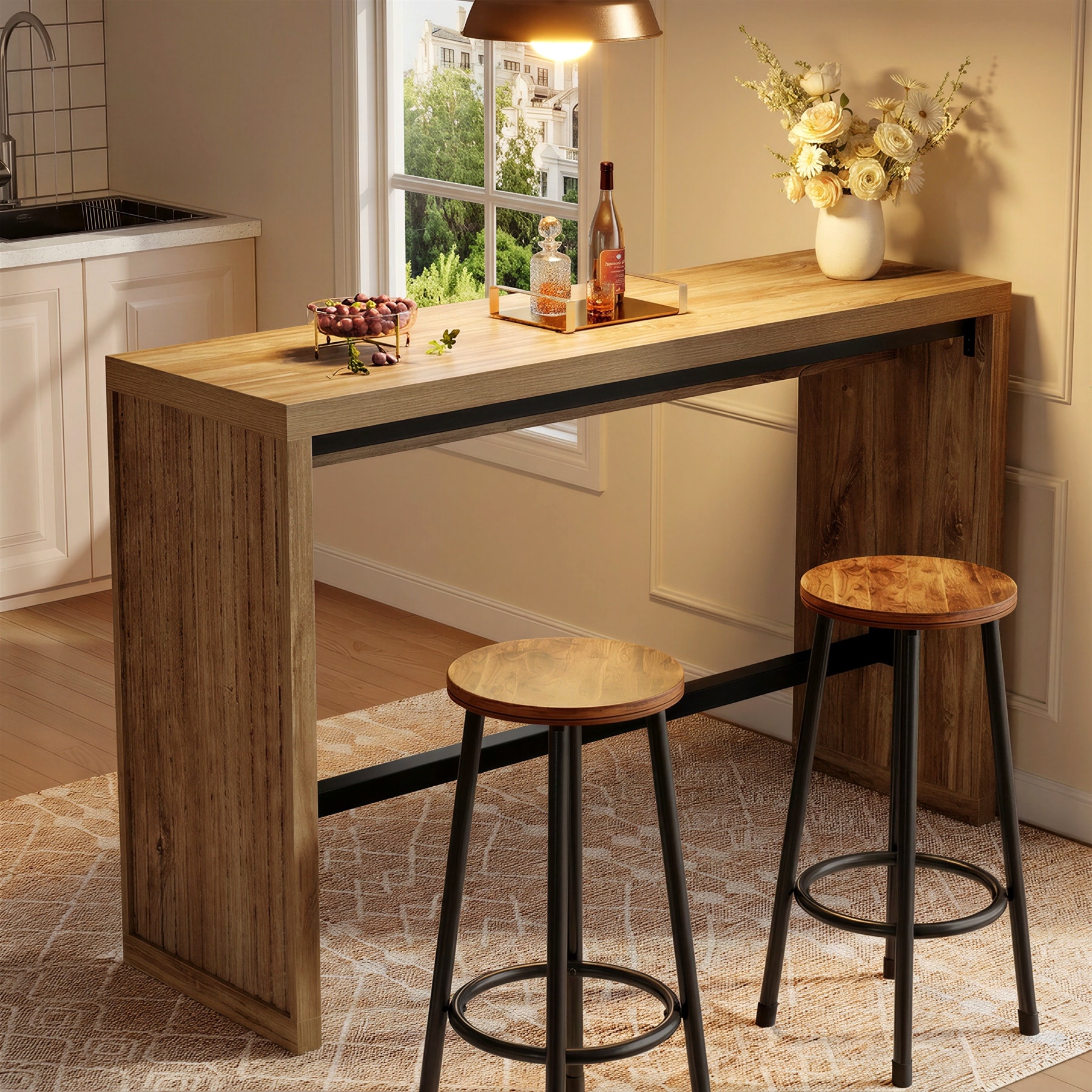 55 Inch Bar Table, Wood Pub Table with Metal Footrest - 55.11" W x 15.59" D x 37.40" H