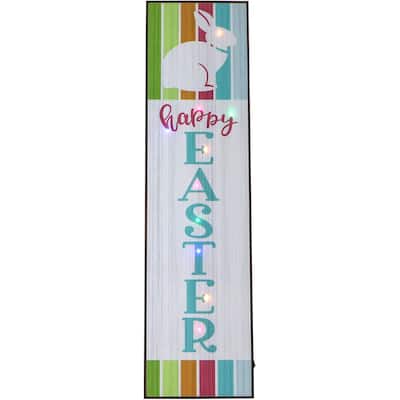 Fraser Hill Farm 45-In. HAPPY EASTER Porch Leaner Sign w/Battery-Operated LED Lights, Festive Spring Decoration, Multi Stripes