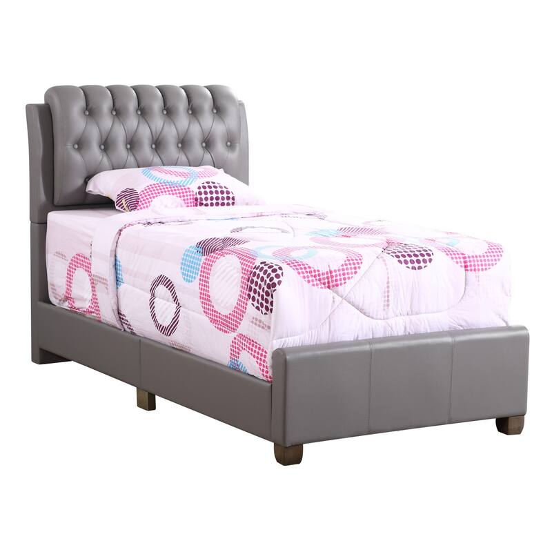 Twin Bed with Padded Headboard - Light Grey Faux Leather Platform Bed Frame for Bedroom
